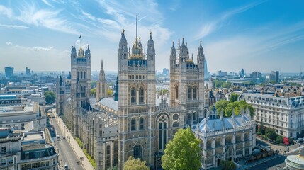 Fototapeta premium Aerial view of historic Westminster Abbey in London on a sunny day, showcasing its stunning Gothic architecture and surrounding cityscape.
