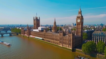 Naklejka premium Aerial view of the iconic Big Ben and Houses of Parliament in London, with the River Thames in the foreground and clear blue sky.