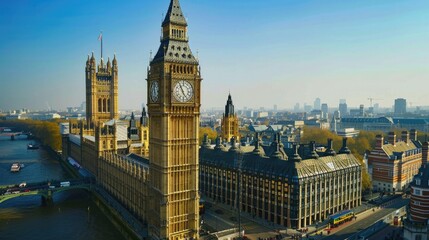 Fototapeta premium Aerial view of the iconic Big Ben and Houses of Parliament in London on a sunny day with clear blue skies.