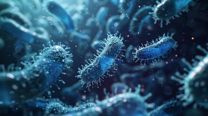 Microscopic image of bacteria, vibrant blue, abstract, scientific, organic, healthcare, biology, research.