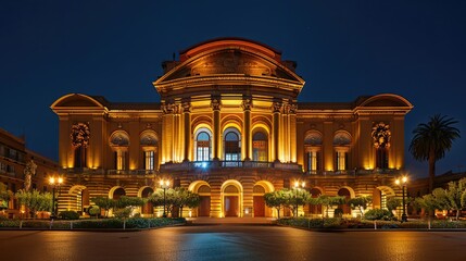 Obraz premium Beautifully illuminated classical building at night, showcasing architectural elegance and historic grandeur with warm lights.