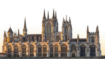 Fototapeta premium Stunning Gothic cathedral with intricate architecture, illuminated by the sun. Historic landmark showcasing impressive medieval craftsmanship.