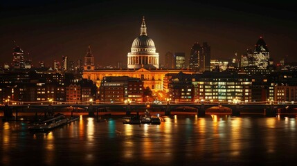 Fototapeta premium Stunning night view of illuminated cityscape with a historic cathedral and river reflections creating a captivating and serene ambiance.