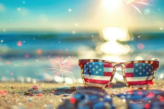 Patriotic Sunglasses on Sandy Beach with Fireworks - American Summer Celebration or USA Independence Day