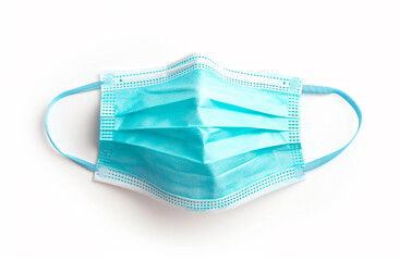 a blue face mask with a blue ribbon