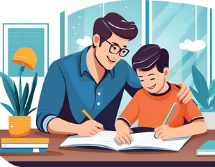 A young boy concentrates on his schoolwork at a desk, guided by a father in a living room