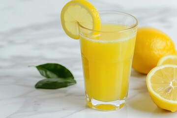 a glass of Lemon Juice juice on marble, white copy space on right side