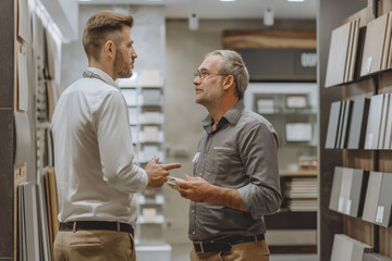 Salesman and customer in conversation at modern showroom, business interaction concept