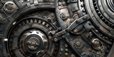 Close-up of intricate mechanical gears and components, machinery concept