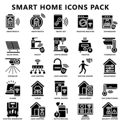 Smart home glyph icons set. contain smart lock, remote, thermostat, sensor, home control, and more. use for modern concept, web and app development. Vector EPS 10