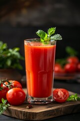 Mystic portrait of Tomato Juice on board in studio, dark copy space on right side, Close-up View