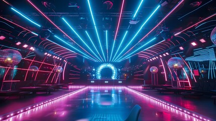 Futuristic nightclub illuminated by bright abstract lighting equipment