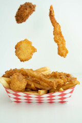 Fish and chips. Fried shrimp, fried oyster, fried scallop.