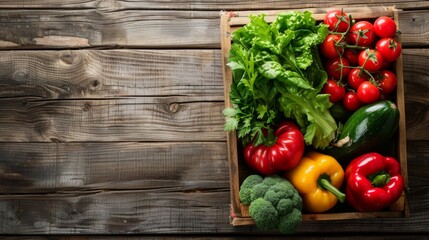 A set of fresh vegetables in a wooden box. On a wooden background. Top view. Copy space