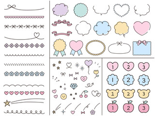 ガーリーな飾りイラストのベクターイラストセット　フレーム　ハート　花　吹き出し　数字　リボン