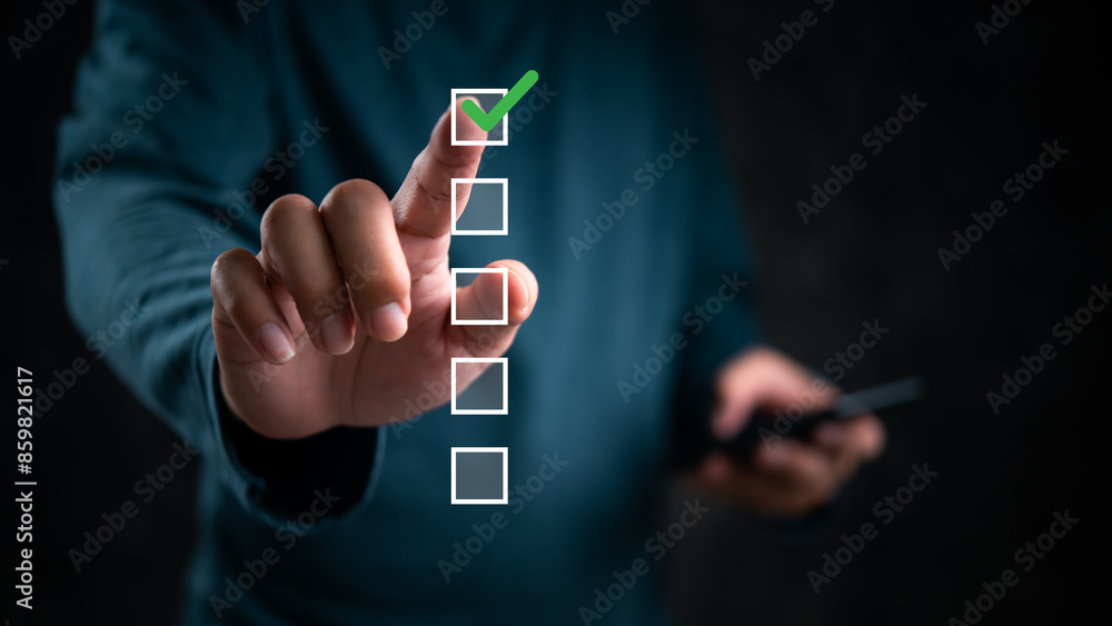 Poster hand touching checklist, green check mark highlighted. concept of task completion, decision making, 