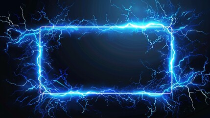 Lightning blue rectangle frame on dark background with thunder lighting effect, glowing electric frames with light lightning and thunder over black backdrop.  Blue glowing lines frame for design. 
