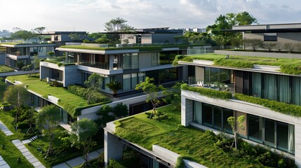 Modern residential district with green roof and balcony 