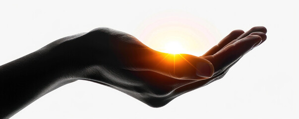 A hand holding a sun in the sky. Concept of warmth and positivity