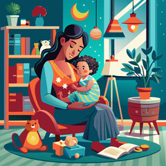 a woman holding her baby in her lap and reading a book