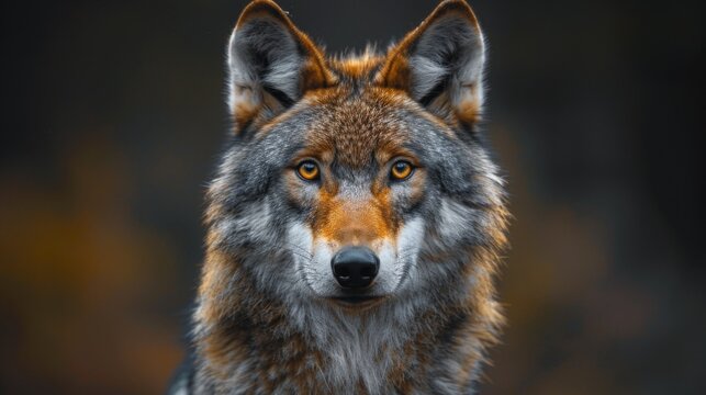 Alert Eurasian wolf, canis lupus, facing camera in summer forest from front view with copy space