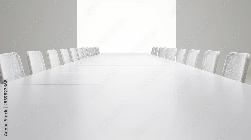 Poster a long table with many chairs is empty. the room is empty and the chairs are arranged in rows