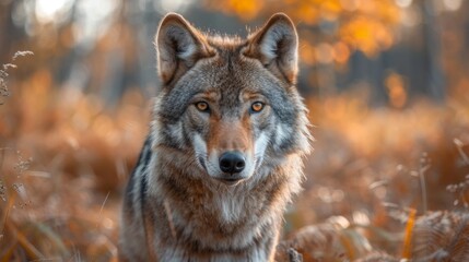 Obraz premium Alert Eurasian wolf, canis lupus, facing camera in summer forest from front view with copy space