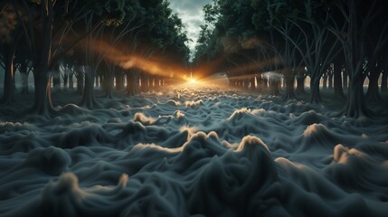 Fototapeta premium Majestic Forest Landscape with Mystical Sunrise and Foggy Atmosphere