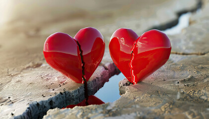 Fototapeta premium Distance is the chasm that separates longing hearts: Depict two hearts separated by a vast chasm, symbolizing the emotional distance between lovers