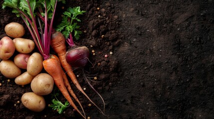 Autumn harvest of fresh raw carrot, beetroot and potatoes on soil in garden, top view