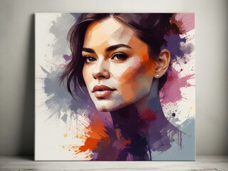 Painting watercolor of two women with colorful shapes on a white background