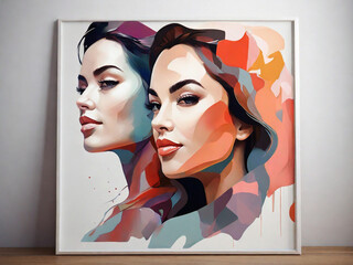 Painting watercolor of two women with colorful shapes on a white background