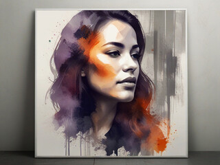 Painting watercolor of two women with colorful shapes on a white background