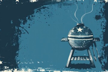 Patriotic Blue Grunge BBQ Grill Illustration for Summer Events and Promotions American / USA Theme