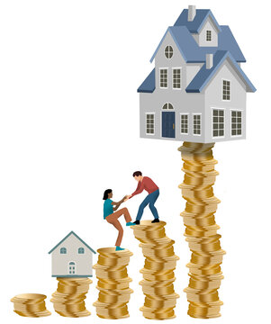Moving on up to a bigger and better house costs money and this 3-d illustration shows stacks of coins needed to buy a bigger house.
