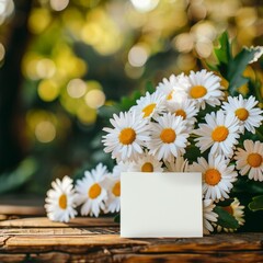 Fototapeta premium Bouquet of Daisies and Card on a Table