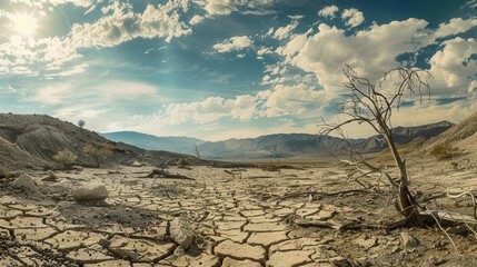 Arid desert landscape with dead tree and cracked earth
