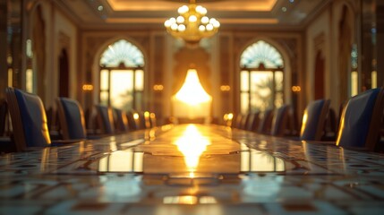 Long Table in a Grand Room with Golden Light