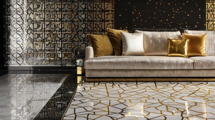 Modern Interior Design with Gold Accents and Geometric Patterns