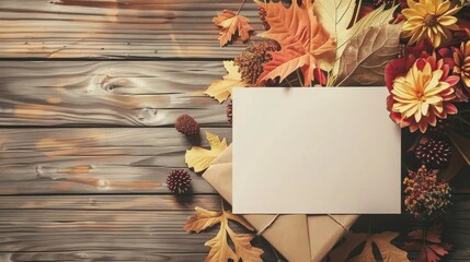 Flat lay autumn bouquet with blank card on wooden surface