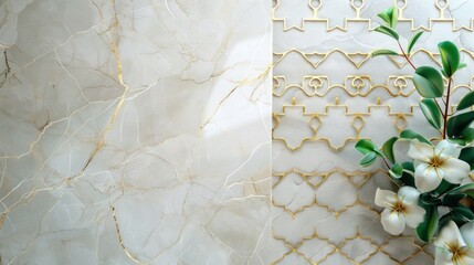 White Flowers and Golden Pattern on Marble