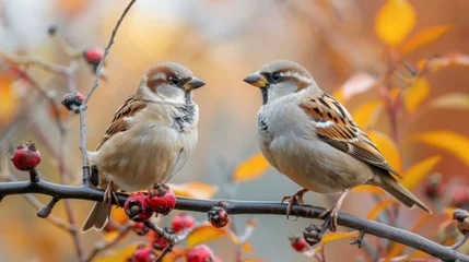 Poster de jardin  birds sparrows and tits sit on a branch in the park opposite each other  © Adi