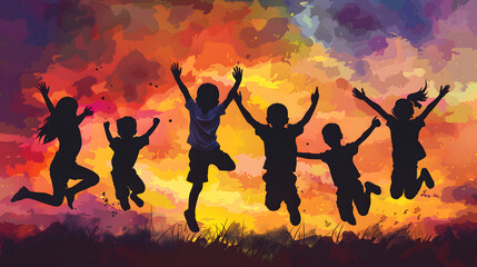 silhouette illustration painting art children jumping joy playing fun sunset background excited excitement happiness happy child childhood kids kid orange red lively celebratory family children's day