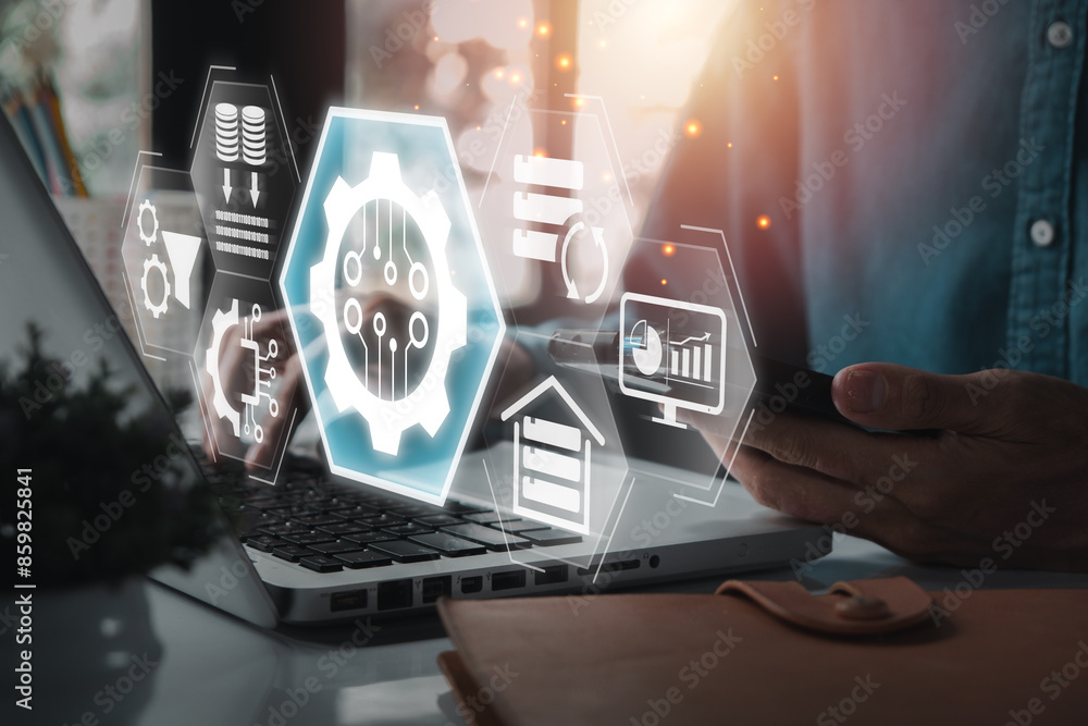 Poster etl concept visualization with digital interface, data integration, and business analytics on laptop