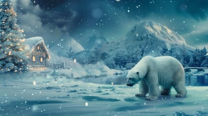 Christmas polar bear in the winter landscape. Polar bear santa. Magical christmas scenery