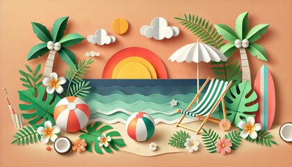 Tropical Beach Sunset with Paper Art Elements