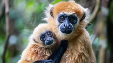 Obraz premium close image of Yellow Cheeked Gibbon monkey (Nomascus Gabriallae) mother with child in the forest
