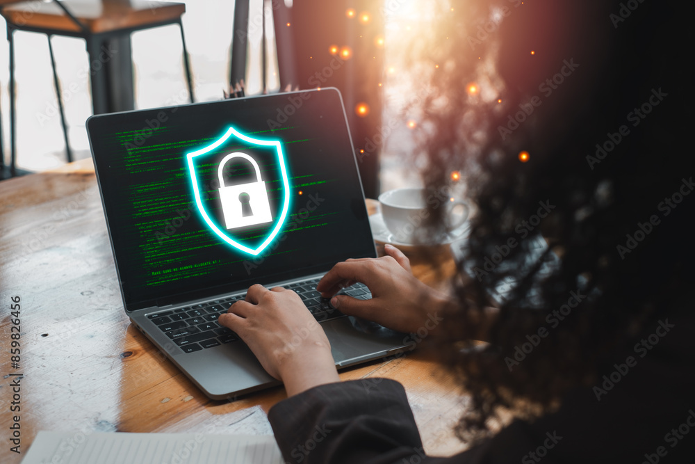 Poster cybersecurity concept with firewall protection - person working on laptop with shield icon and digit