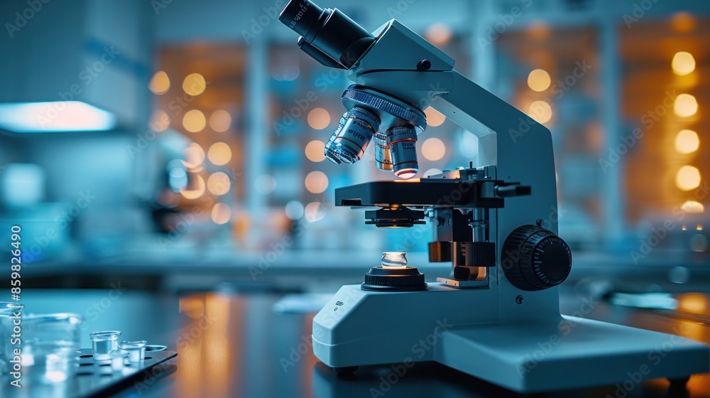 Poster a modern microscope in a laboratory setting