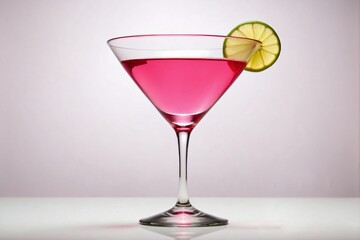Cocktail: A martini glass with a vibrant pink Cosmopolitan, garnished with a twist of lime peel resting on the rim.